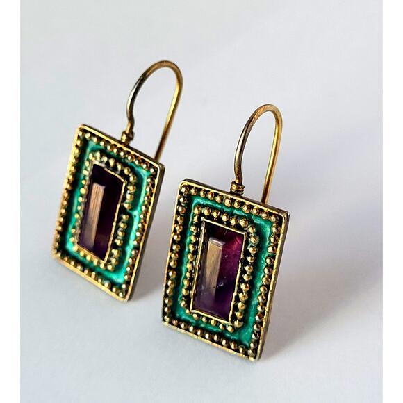 Amethyst Earrings Sterling Artisan Hand Crafted Enamel Pierced Gold Finish - Picture 1 of 10